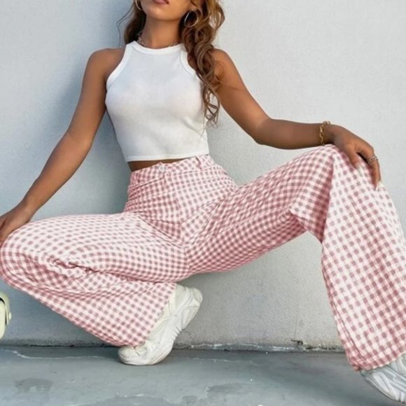 . Pants - Gingham Print Wide Leg high waist Pants pink